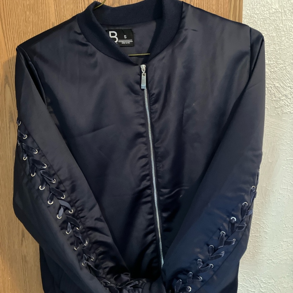 Navy blue light jacket good for fall weather soft satin feeling